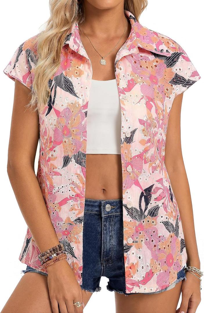 GRACE KARIN Floral Eyelet Spring Summer Tops for Women,2026 V Neck Dressy Casual Shirts,Boho Button Down Short Sleeve Blouses (XL)