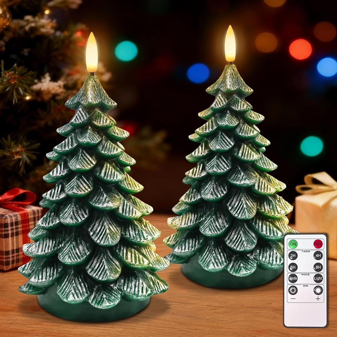 YAUNGEL Christmas Tree Flameless Candles,10-Key Remote and Timer, Real Wax Battery Operated 3D Wick LED Flickering Candles Realistic Christmas Tree for Christmas Holiday Indoor Dinner Decor, 2 Packs