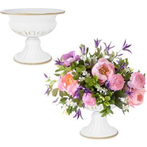 White Wedding Vases for Centerpieces: Small Flower Vase for Tables - 5 Inch Metal Compote Bowl Urn Pedestal for Party Anniversary Event Home Decor Set of 2
