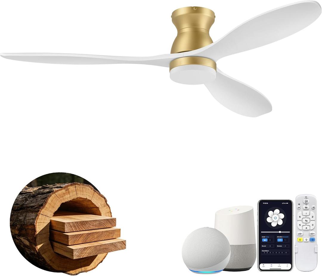 52" Wood Ceiling Fans with Lights Remote,Smart Control via WIFI Alexa APP,Outdoor Indoor Flush Mount Ceiling Fan for Low Profile Modern Living Room,Patio,White and Gold,Dimmable LED,Quiet DC Motor