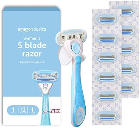 Amazon Basics 5-Blade Razor Handle for Women, Includes 12 Cartridges and Shower Hanger, 14 Piece Set, Blue