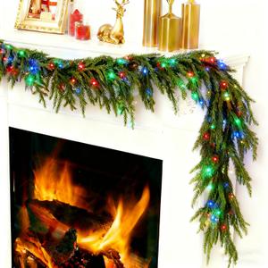 Christmas Garlands 9FT Artificial Norfolk Pine Garland with Light 100LED Fake Winter Pine Needles Greenery Garlands for Table Mantle Wall Holiday Porch Indoor Outdoor Christmas Decor (Multi-Colored)