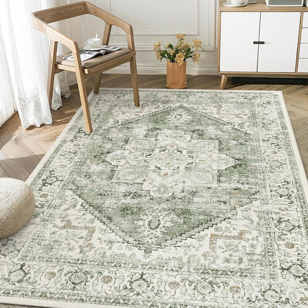 LIVEBOX Washable Area Rug 4x6 Vintage Tribal Bedroom Rugs Vintage Low-Pile Indoor Rug for Living Room, Non-Slip Retro Carpet Print Distressed Accent Carpet for Kitchen Entryway Office Camper, Sage