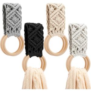 Tioncy 4 Pcs Kitchen Dish Towel Holder Mother's Day Gifts Boho Handmade Crochet Hanging Towels Loop Ring Knit Towel Hanger for Cabinet House Oven Stove Door, 4 Colors(Gray)