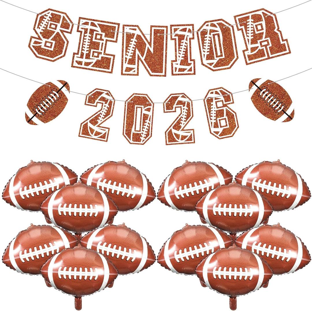 Football Senior Night 2026 Banner, Senior 2026 Graduation Party Banners Night Decor with 12 Football Balloons 18 Inch Aluminum Foil Balloon for Sports Party Favors