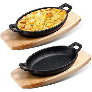 Mifoci 2 Pcs Cast Iron Skillet with Wooden Base Mini Cast Iron Fajita Plates Baker's Skillet Matte Black Small Pan for Kitchen Restaurant Barbecue Dinner (8.7 x 4.7 x 1.6 Inches)