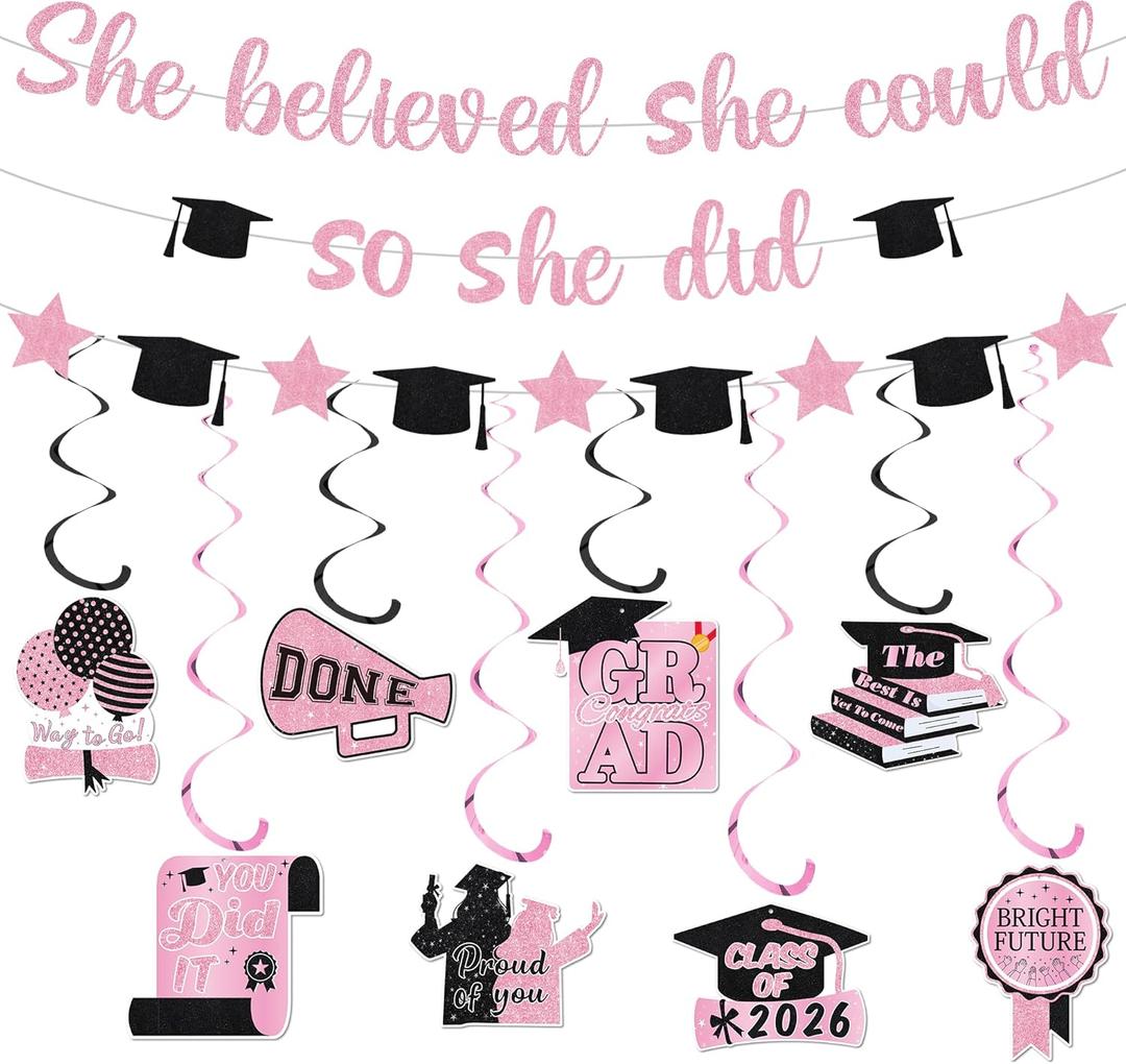 Pink Graduation Decorations Class of 2026 - Glitter She Believed She Could So She Did Banner and Hanging Swirls, Grad Party Supplies for Women High School College Nurse
