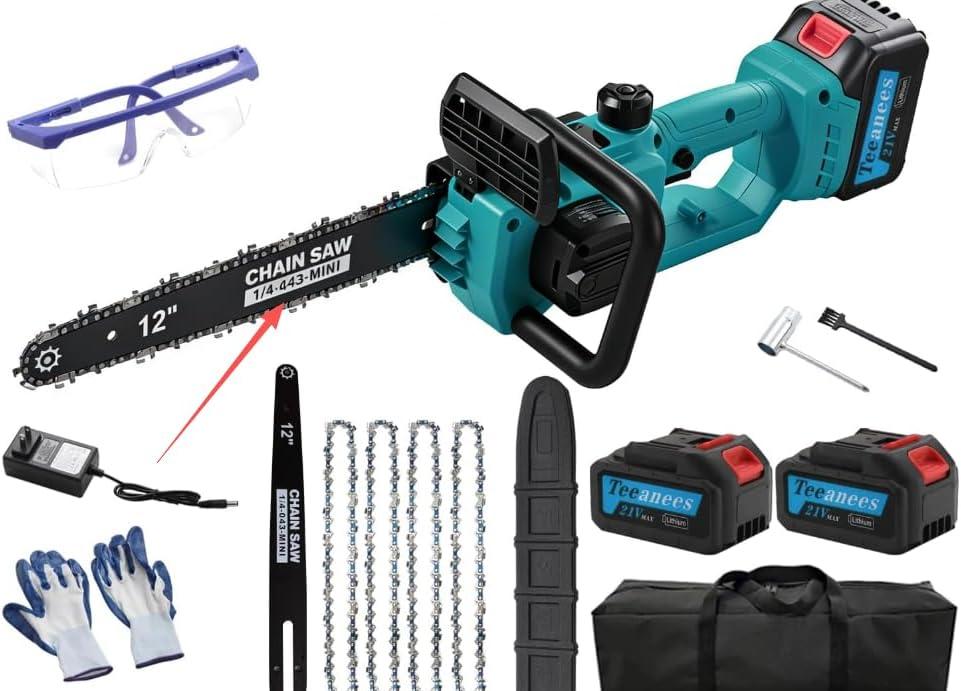 12" Cordless Chainsaw with 2x4.0Ah Batteries, 1200W High Power Electric Chainsaw with Auto Oiler & 4 Chains, 14m/s Fast Cutting Portable Saw for Tree Pruning & Yard WorkBlue