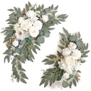 Faux Arch Flower Swag Set of 2 for Wedding Welcome Signs Floral Swag Wedding Reception Ceremony Signs Decor (White)