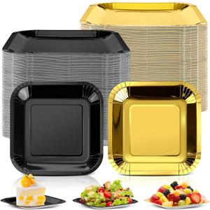 Dandat 100 Pack 7 Inch Graduation Paper Square Plates Appetizer Disposable Cake Plates Disposable Lunch Metallic Foil Dessert Tableware for Birthday Wedding Anniversary Party Supplies (Gold Black)