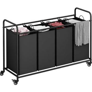 Laundry Sorter 4 Section Hamper Sorter with Heavy Duty Lockable Rolling Wheels Removable Bags Basket Separator for Dirty Clothes Storage,Black