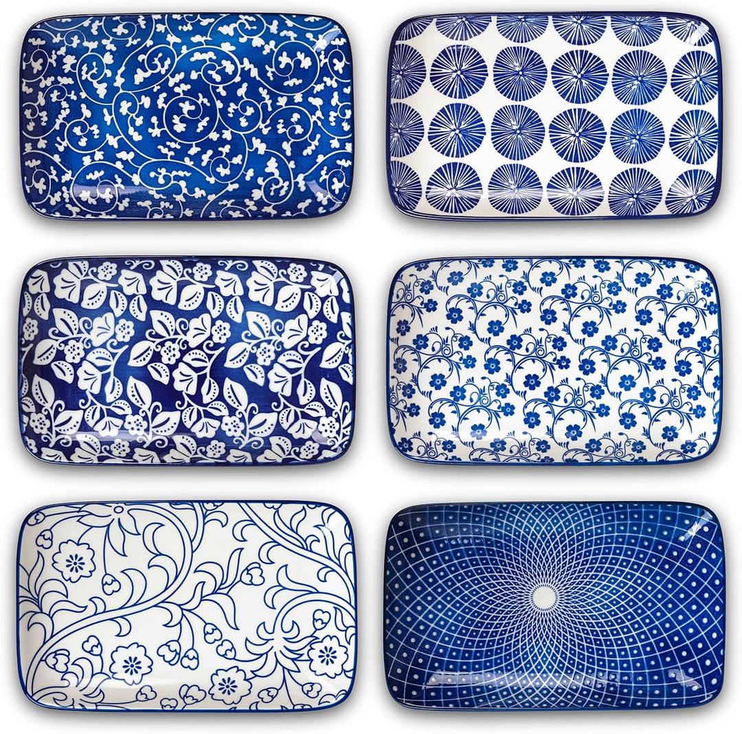 Selamica Ceramic 8 inch Rectangular Salad Plates, Dinner Plates, Pasta Dessert Plates for Appetizer, Sushi, Fruit - Microwave/oven/Dishwasher Safe, Set of 6, Vintage Blue