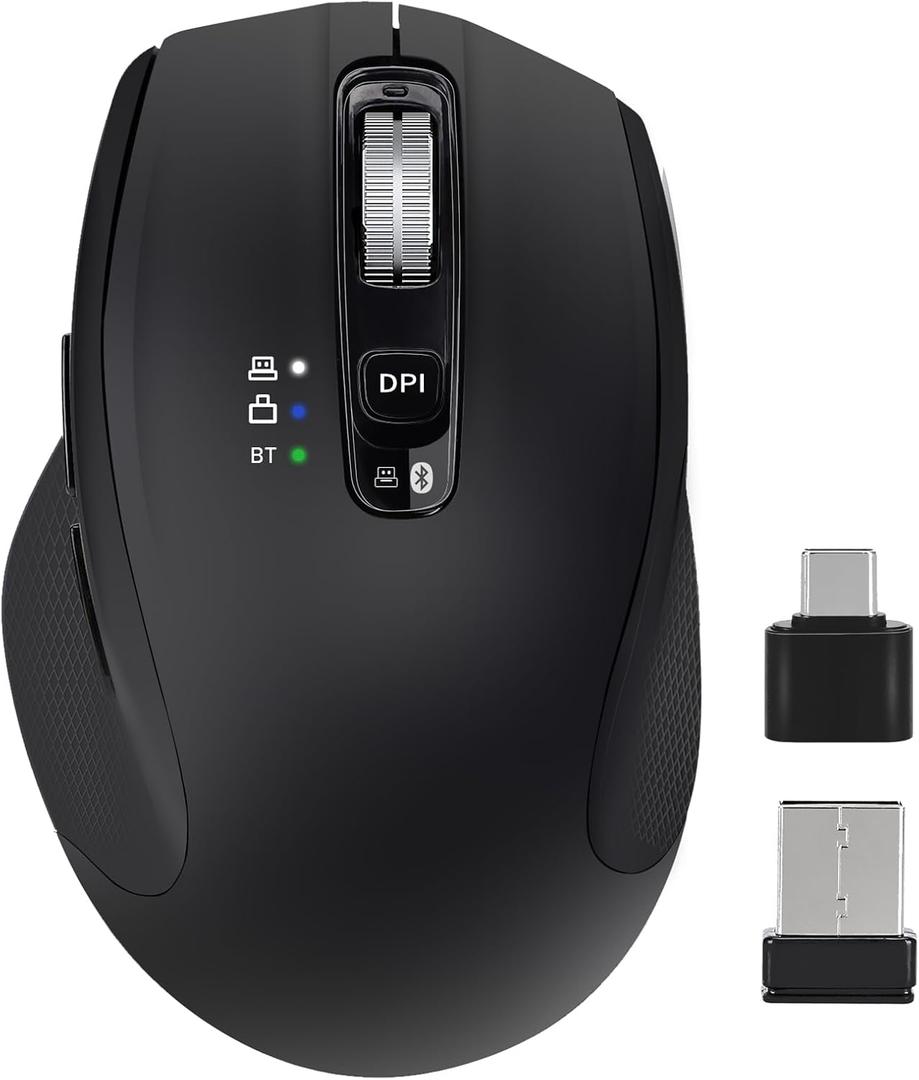Wireless Bluetooth Mouse with USB-A, USB-C Receiver, Rechargeable, 3-Device, Full-Size, Silent Click, Ergonomic Mice for MacBook/Laptop/Computer/Tablet/PC/iPad-Black