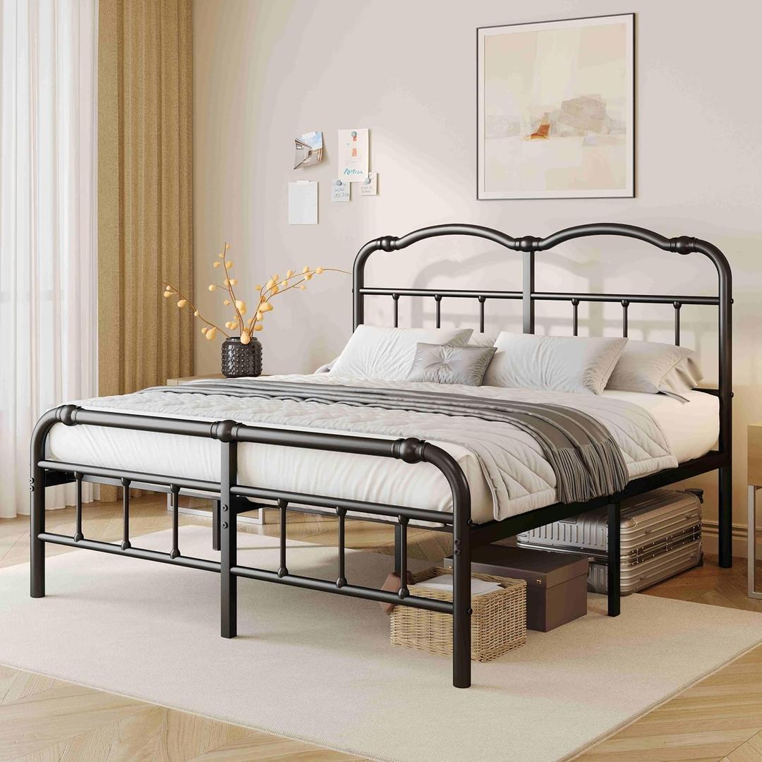 ZIYOO Vintage-Inspired 14 Inch Metal Bed Frame - Victorian Headboard & Footboard, Sturdy Platform Design, Under Bed Storage, No Box Spring Needed, Noise Free, Queen Size