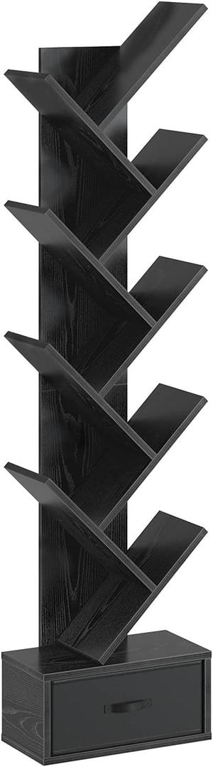 Rolanstar 7 Tier Bookshelf with Drawer, Tree Bookshelf, Small Bookshelves with Storage Rack for CDs/Movies/Books, Standing Book Shelf, Tall Narrow Bookcase for Living Room, Bedroom, Black