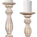 Mela Artisans Whitewashed Hand Carved Wooden Pillar Candle Holders - Set of 2 | Hana Decorative Style | Crafted from Mango Wood | Rustic Table Centerpiece Decor | Sized 9" and 12"