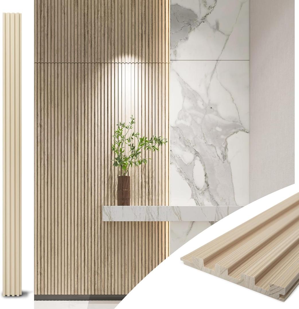 Art3d Slat Wood Wall Paneling for Interior and Ceiling Decoration - Pack of 4pcs + 1pc End-Trim, Size 108 x 5.7in.- Ashtree
