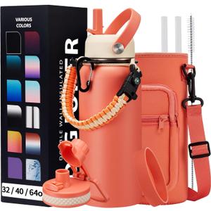 32 oz Sports Water Bottle Insulated - w/Paracord Handle, Straw & Spout Lids, Protective Boot, Sweat Proof Hydro Metal Water Flask Keeps Cold-48H Hot-24H, Travel Thermo Mug for Sports Hiking (Coral Orange)