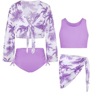 GRACE KARIN Girls Bathing Suit Adjustable Taniki Swimsuit Tie Front 4 Piece Bikini Set with Kimono Cover Up  (8-10 Years, Light Pink New)