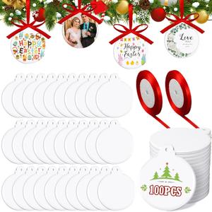 Soaoo 100 Pcs 3 Inch Valentine s Day Sublimation Ornament Blanks Gift Ball Sublimation Ceramic Ornaments White DIY Blank Hanging Ornaments Bulk with 2 Rolls Red Satin Ribbon for Craft Tree Decor