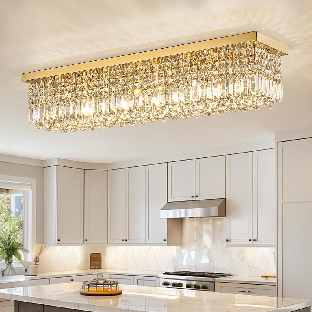 Siljoy Modern Gold Crystal Chandelier for Dining Room, 8-Light Rectangular Flush Mount Crystal Raindrop Chandelier, Luxury Dimmable Crystal Ceiling Light for Living Room Hallway Bedroom L40''