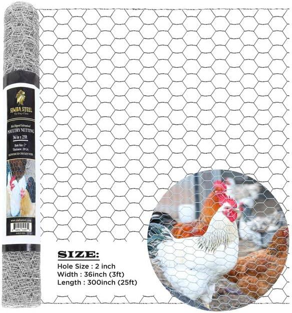 Chicken Wire 36 in x 25 FT x 2 Mesh x 20GA | Poultry Wire Netting | Hot Dipped Galvanised | Hexagonal Galvanized Mesh for Chicken Coop, Rabbit Cage, Fence Barrier PM36x25x2