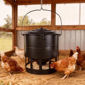 Metal Hanging Chicken Feeder No Waste, Rain-Proof Automatic Chicken Feeders, No-Spill Poultry Feeder, Rat-Proof Gravity Chicken Feeder with 12 Ports for Farm & Backyard Chicken Coop