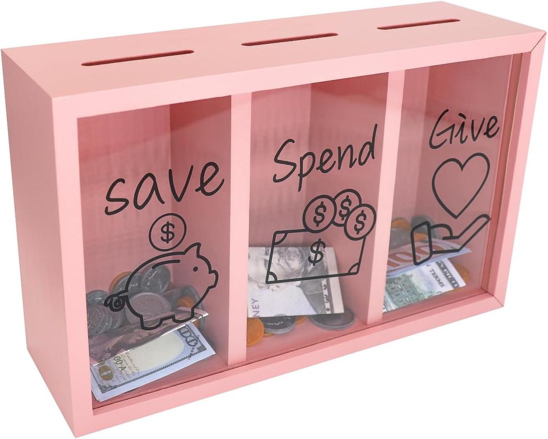 Wooden Give Save Spend Money Saving Box for Kids, Money Coin Savings Piggy Bank Jar Box for Kid Safe Money Saver, Teach Children About Giving Saving Giving Money Piggy Box for Boys Girls, Pink, Medium