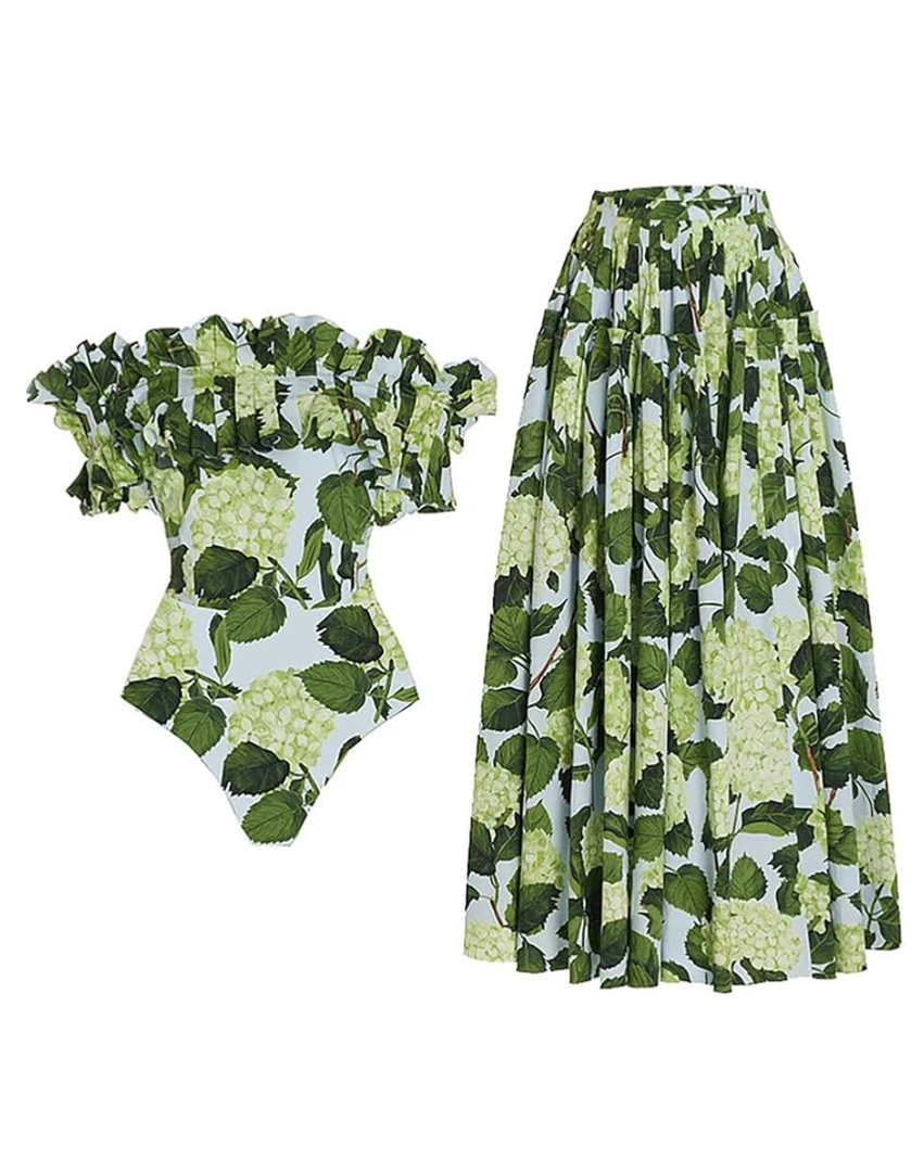 IDOPIP Women's One Piece Swimsuit with Beach Cover up Wrap Skirt Sarong Retro Floral Print Bikini Set Two Piece Bathing Suit Size L