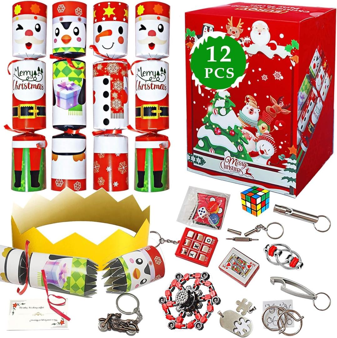 12Pack 10" Christmas Non-Snap Party Favors - Snowman, Santa Claus, Penguin With Crown Hat, Jake and Xmas Gift For Christmas Parties Dinners Holidays (White, Red, Green)