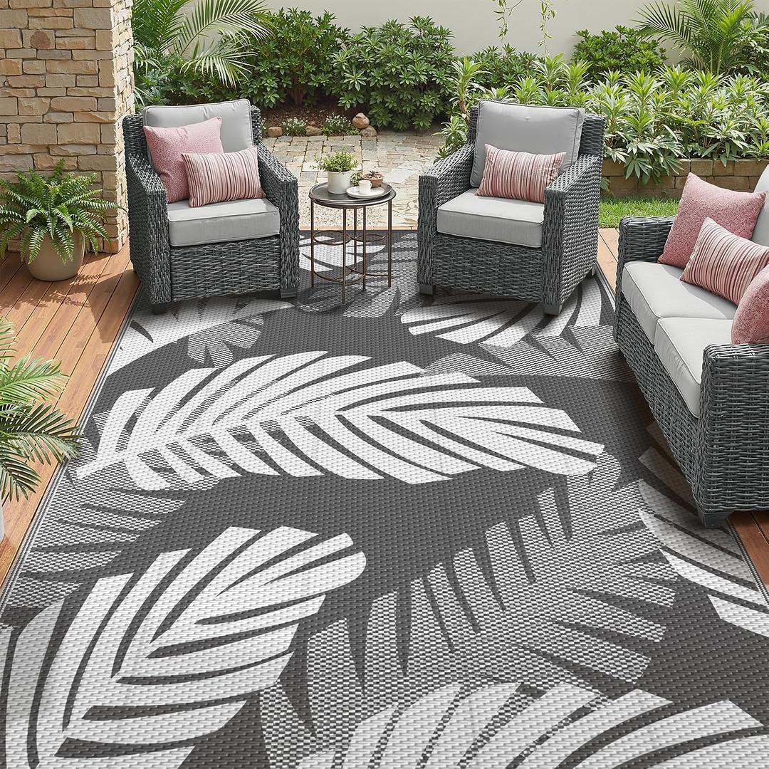 GENIMO Waterproof Outdoor Rug 6' x 9' for Patio Decor, Reversible Plastic Straw Area Rugs for Camping Clearance, RV Mat, Large Outside Carpet for Porch, Deck, Picni, Balcony, Garden, Grey & White