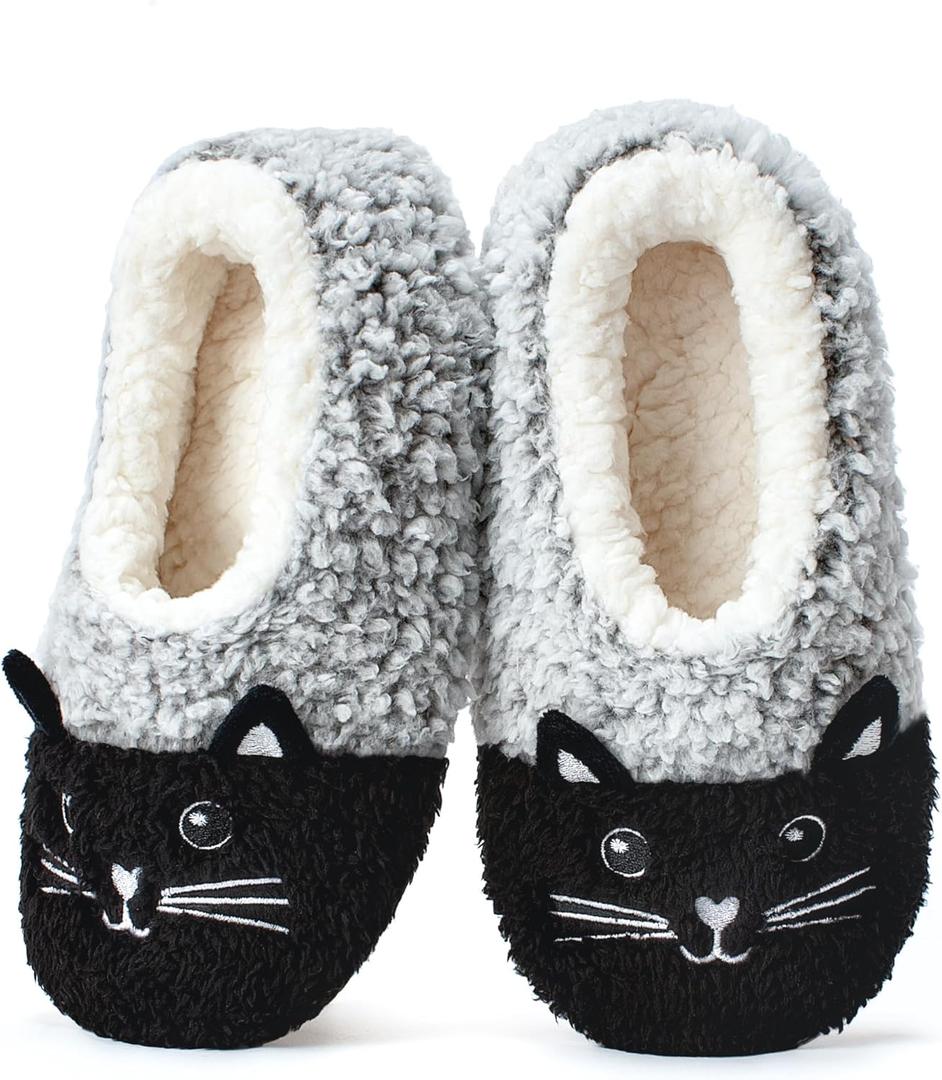 Cute Slippers for Women & Kids, Fuzzy Animal Slipper Socks with Non-slip Soles, Unique Funny Gifts (Gray)