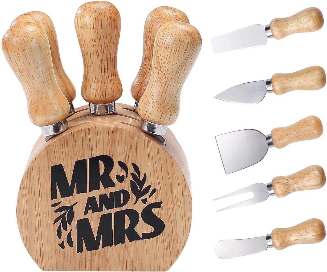 2 x Cheese Knife Set with Wooden Holder,Cheese Spreader Knives Set of 5 for Charcuterie Board,Charcuterie Boards Accessories Charcuterie Utensils Tools Git Box (Mr Mrs)