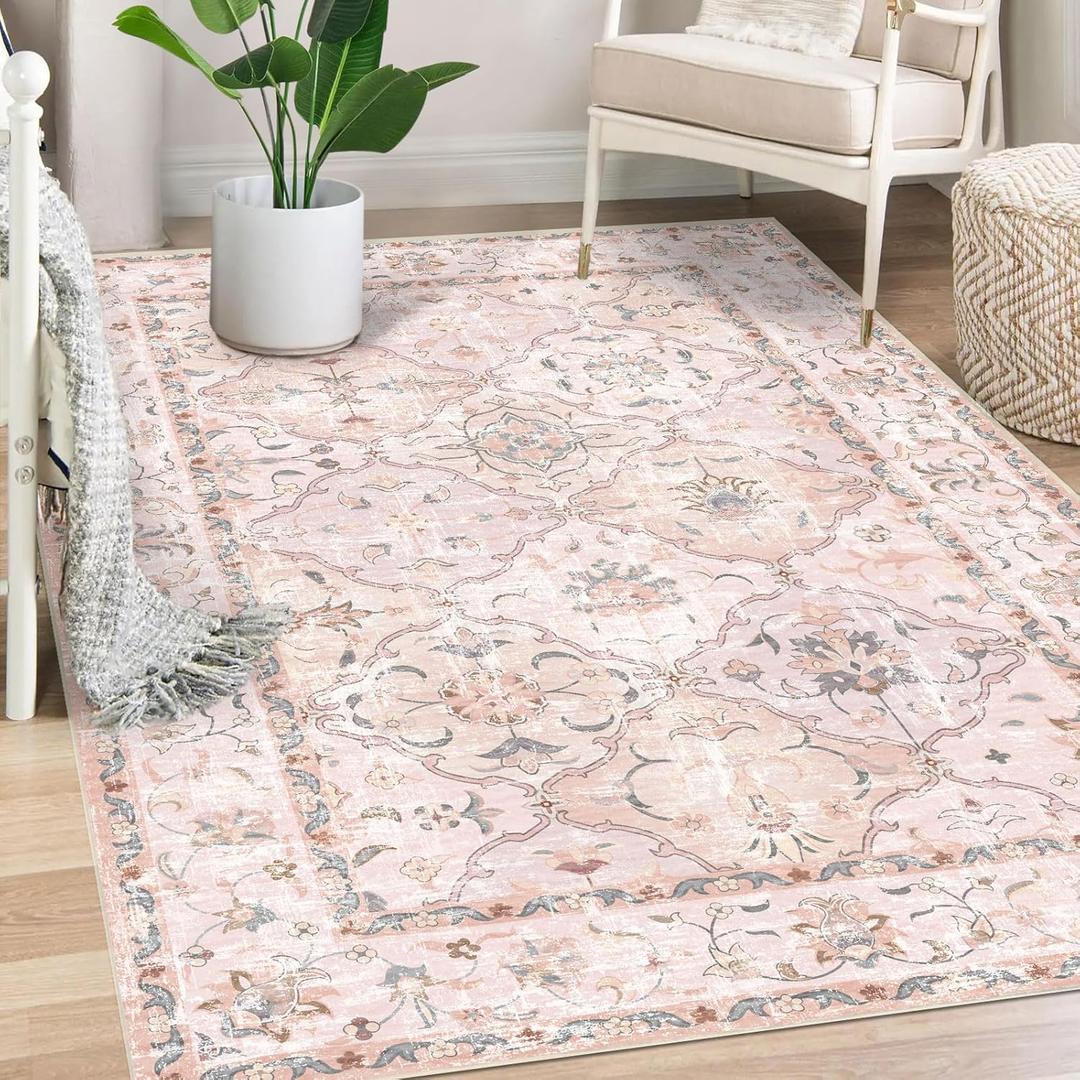 Boho Vintage Area Rugs 57 Washable Non-Slip Traditional Pink Carpet for Nursery Living Room Bedroom Dining Room Girls' Room