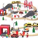 Giant bean 72PCS Fire Station Wooden Train Track Electric Train Set, Gift Packed Toy Railway Kits for Kids, Toddler Boys and Girls 3,4,5 Years Old and Up, Christmas Birthday Gift Toy for Kids