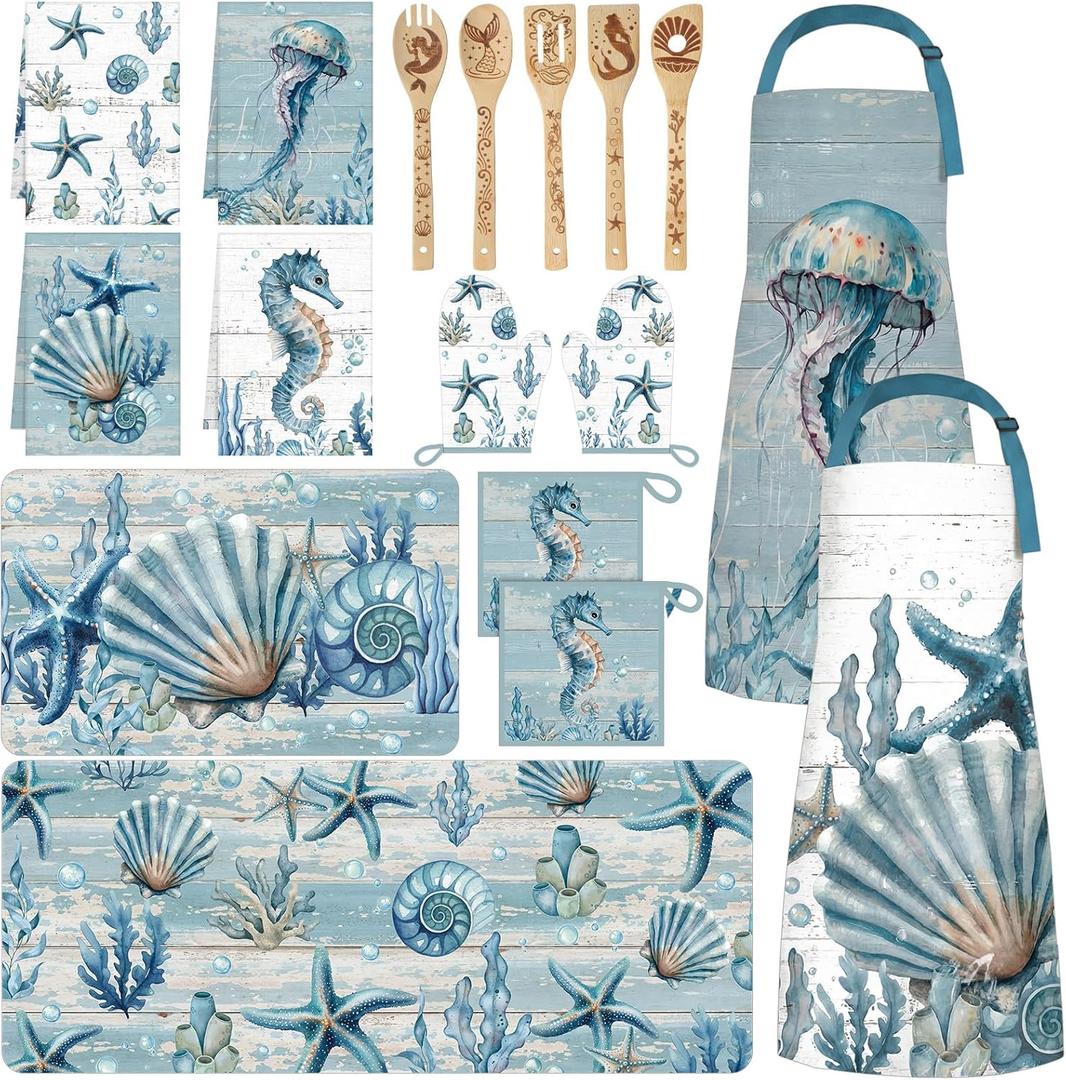 Bencailor 17 Pcs Blue Coastal Kitchen Sets Washable Non-Slip Kitchen Rug and Mat Ocean Animals Mitts Pot Holders Coastal Theme Apron Dish Towels Wooden Spoons for Home Decoration Housewarming Gifts
