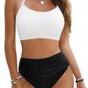 ZAFUL Women's High Waisted Bikini Set Crisscross Tankini Swimsuit Tummy Control Ruched Bathing Suit (S)