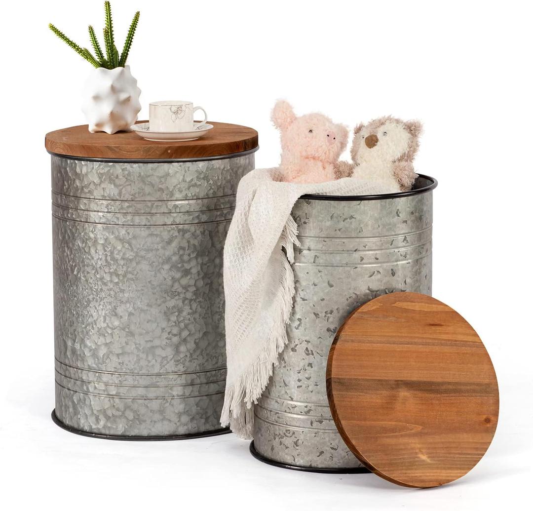 Poofzy Farmhouse End Tables Set of 2, Galvanized Metal Decor Side Table with Wood Lid, Coffee Table Storage Stool for Living Room (Grey), 13.7 inches x 13.7 inches x 20 inches