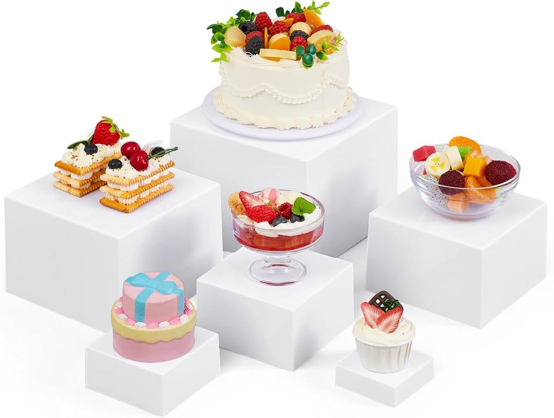 Leinuosen 6 Pcs Clear Acrylic Buffet Risers Stands for Food Display Cubes Box, 3 to 8 Inch Square Catering Table Dessert Decor for Wedding Brunch Setup Party Jewelry Collectible, Hollow Bottom (White)