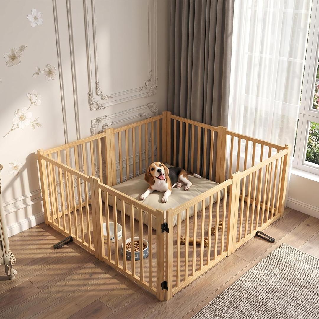 YOCAN Non-Painted Wooden Freestanding Dog Gate, Pet Gate for Indoor Use, Dog Fence for Doorways, Stairs & House, Step-Over Design, Easy to Install-8 Panel 23"
