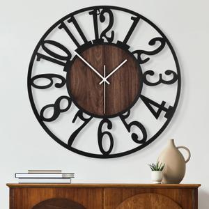 Maxstar Round Wall Clock for Living Room Decor Battery Operated Non Ticking Black Metal Wood Clocks for Home Living Room Garden Office Kitchen Decoration -16 inch (Black-arabic Numerals)