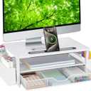 AUPSEN White Monitor Stand Riser, 2Tier Wood Computer Desk Organizer with Drawer, Pen Storage & Phone Holder, Office Desk Accessories Desktop Organizer for Office Supplies