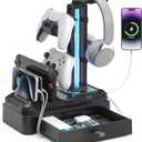 KDD Headphone Stand with USB A&C Charger Ports - RGB Controller Stand with Detachable Hooks - Rotatable Headset Hanger & Device Slot for Phones/Tablets - Drawer Storage Base for Gaming Desk Organizer
