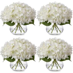 Zeyune 4 Pack Artificial Hydrangea Flowers with Vase (White)