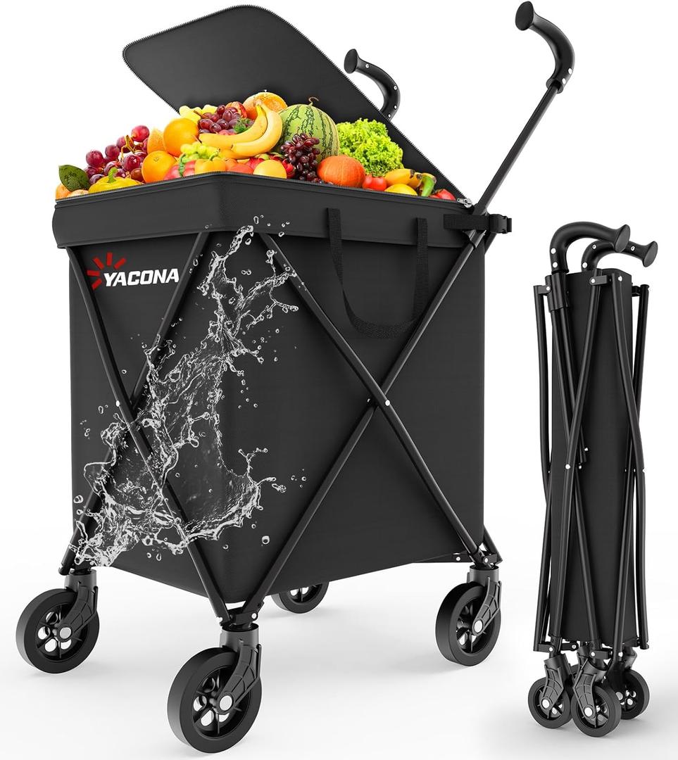 Folding Shopping Cart for Groceries - Water-Resistant Canvas Grocery Cart with Cover, 120LB Capacity, Compact Foldable for Laundry & Storage