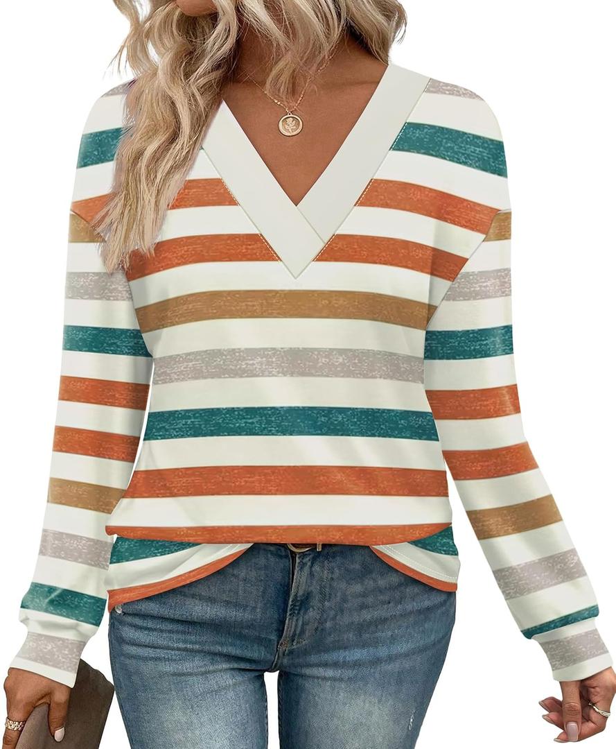 WIHOLL Long Sleeve Shirts for Women V Neck Tops Tunic Fall Winter Sweatshirts 2025 Clothes (Medium, 1-stripes Orange)