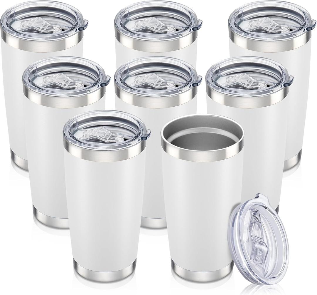 20 oz Tumbler with Lid Stainless Steel Insulated Tumblers Bulk Double Wall Vacuum Cups Powder Coated Travel Mug Keep Drink Cold and Hot, White, 8 Pack