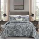 Gray Paisley Quilt Set King Size Boho Bedspread Coverlet Set 3 Pieces, Soft Lightweight Microfiber Vintage Dark Grey Paisley Floral Pattern Bedding for All Season, 110''x90''