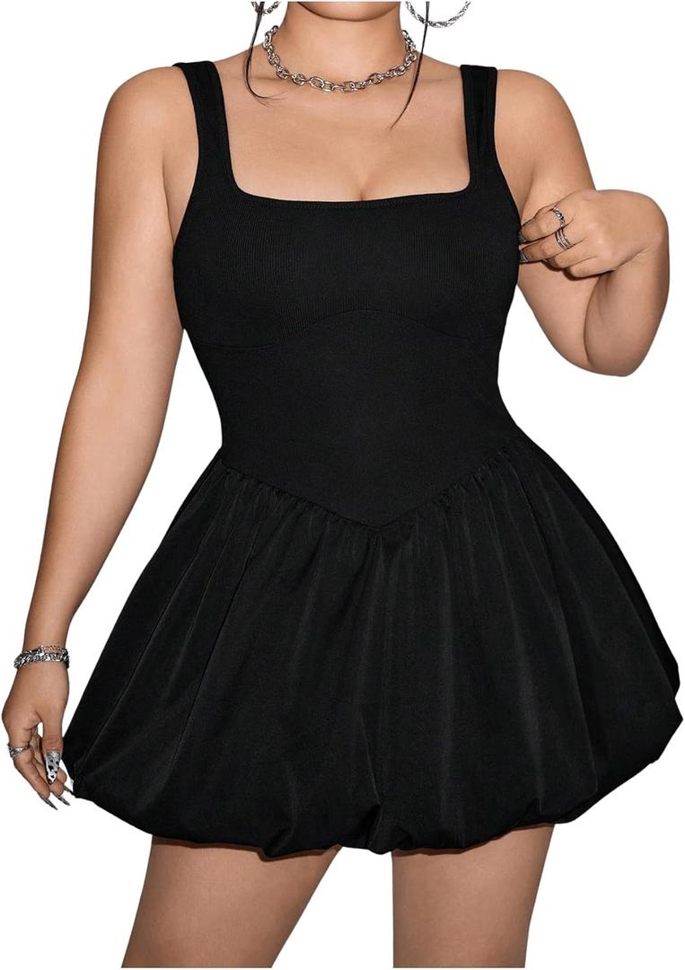 SOLY HUX Women's Plus Size Square Neck Sleeveless A Line Bubble Dress Y2k Mini Dresses Plain Black 0XL
