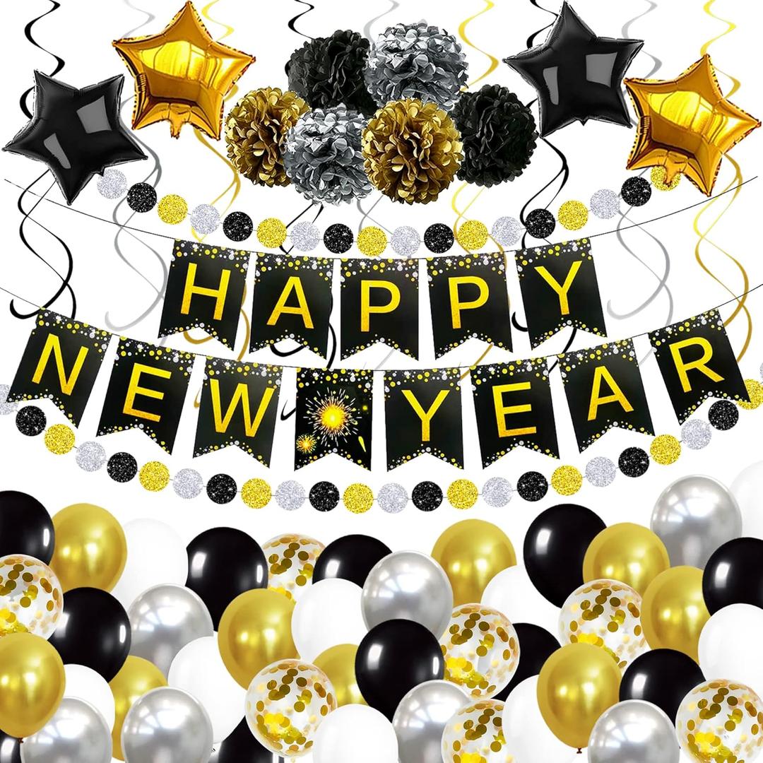 KatchOn, New Years Eve Party Supplies 2026 - Big, Pack of 70 | Happy New Years Decorations 2026 | Hanging Swirls, PomPoms, NYE Decorations 2026 | Eve Decorations